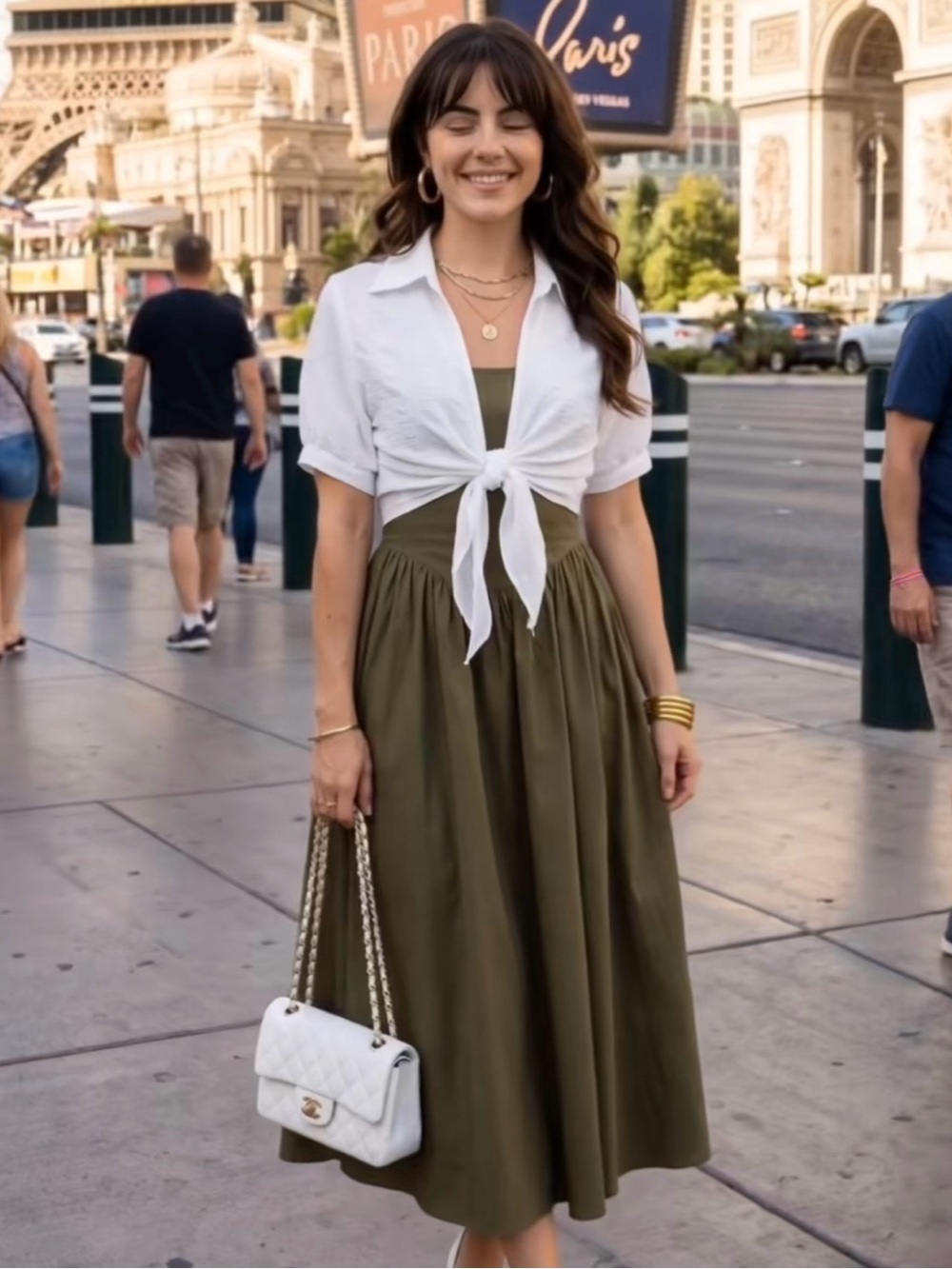 Olive Green Midi Dress with White Tie-Front Shirt XL
